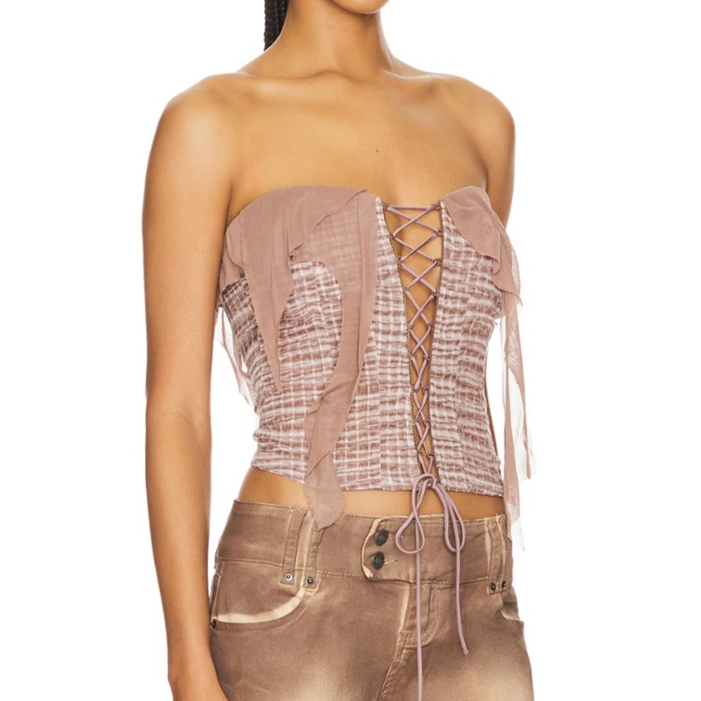 Distressed Lace Up Corset Top in Pink